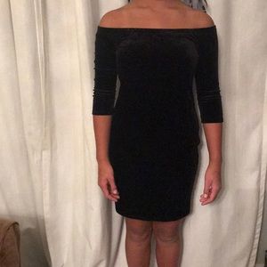 Black velvet off the shoulder cocktail dress